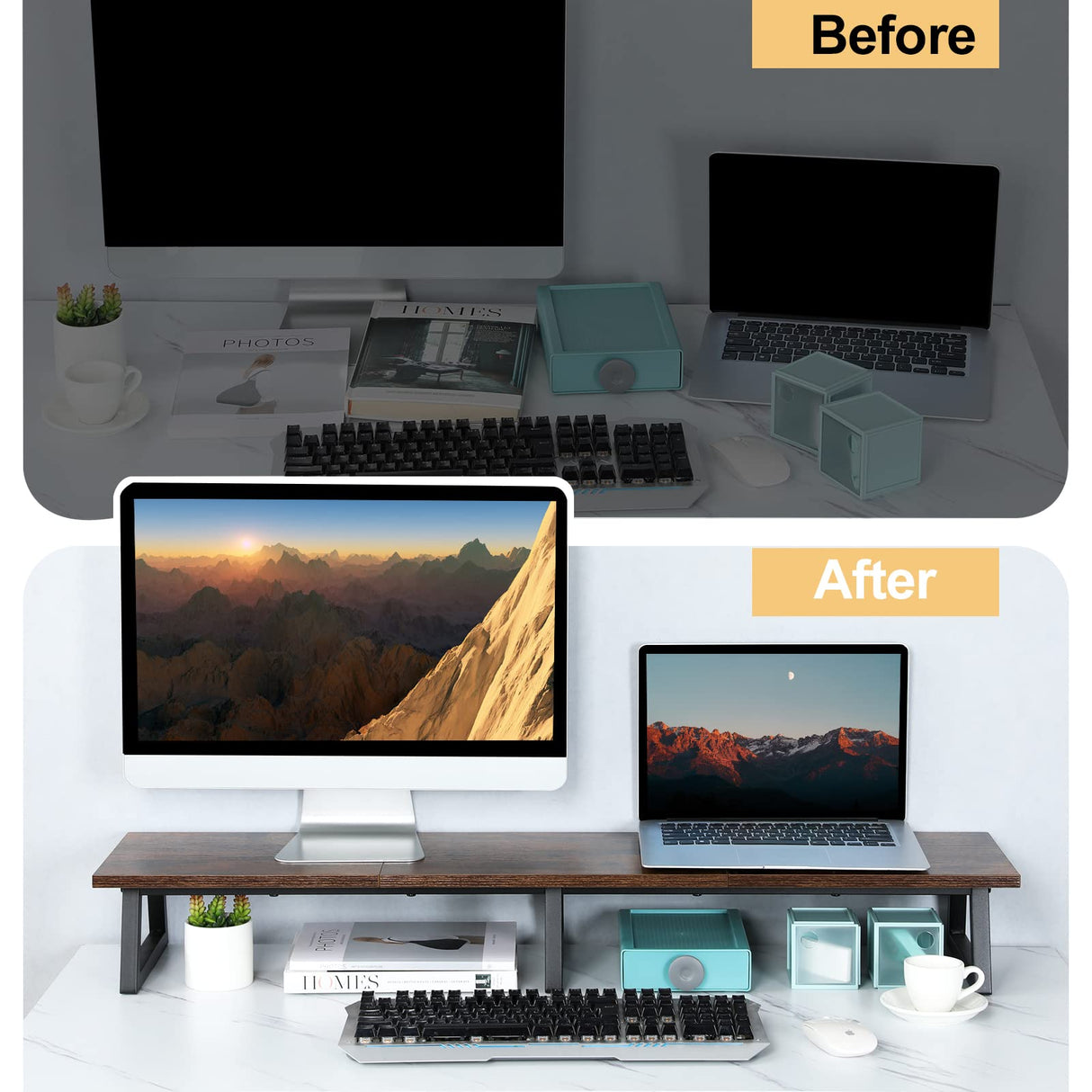 TEAMIX 42 inch Large [Dual] [Monitor] [Riser],Rustic Brown Extra Long TV [Stand Wood & Steel Desktop [Riser] with Storage for [Dual] Screen Office Desk Organization TEAMIX