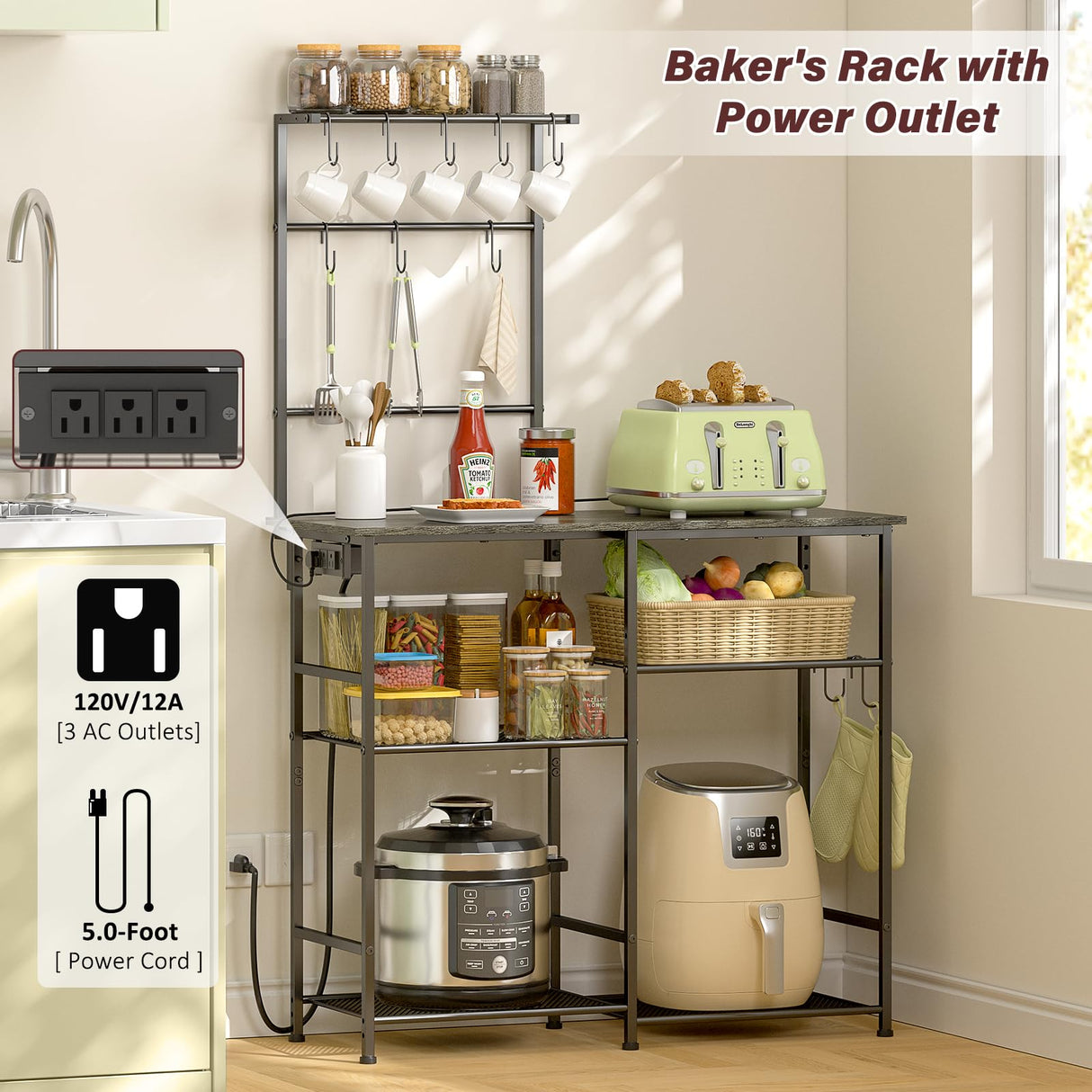 3IngSeagulls Bakers Rack with Power Outlet, Kitchen Microwave Stand with 10 S-shaped Hooks, 6-Tier Coffee Bar Station, Kitchen Storage Shelf Rack for Spices, Pots, Gray 3IngSeagulls