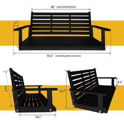 Wooden Porch Swing 2-Seater, Ergonomic Seat, Bench Swing with Hanging Chains and 7mm Springs, Heavy Duty 800 LBS, for Outdoor Patio Garden Yard, Dark Night Black