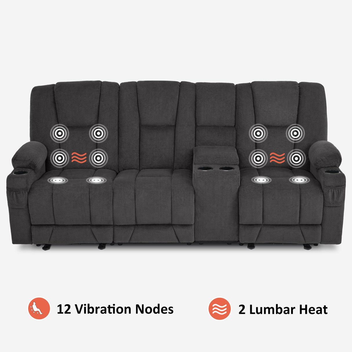 MCombo Zero Gravity Power Reclining Sofa with Console, Heat and Vibration Massage, 3 Seater Reclining Couch with USB Ports, Cup Holders for Living Room, Fabric 6035SET (Grey) MCombo