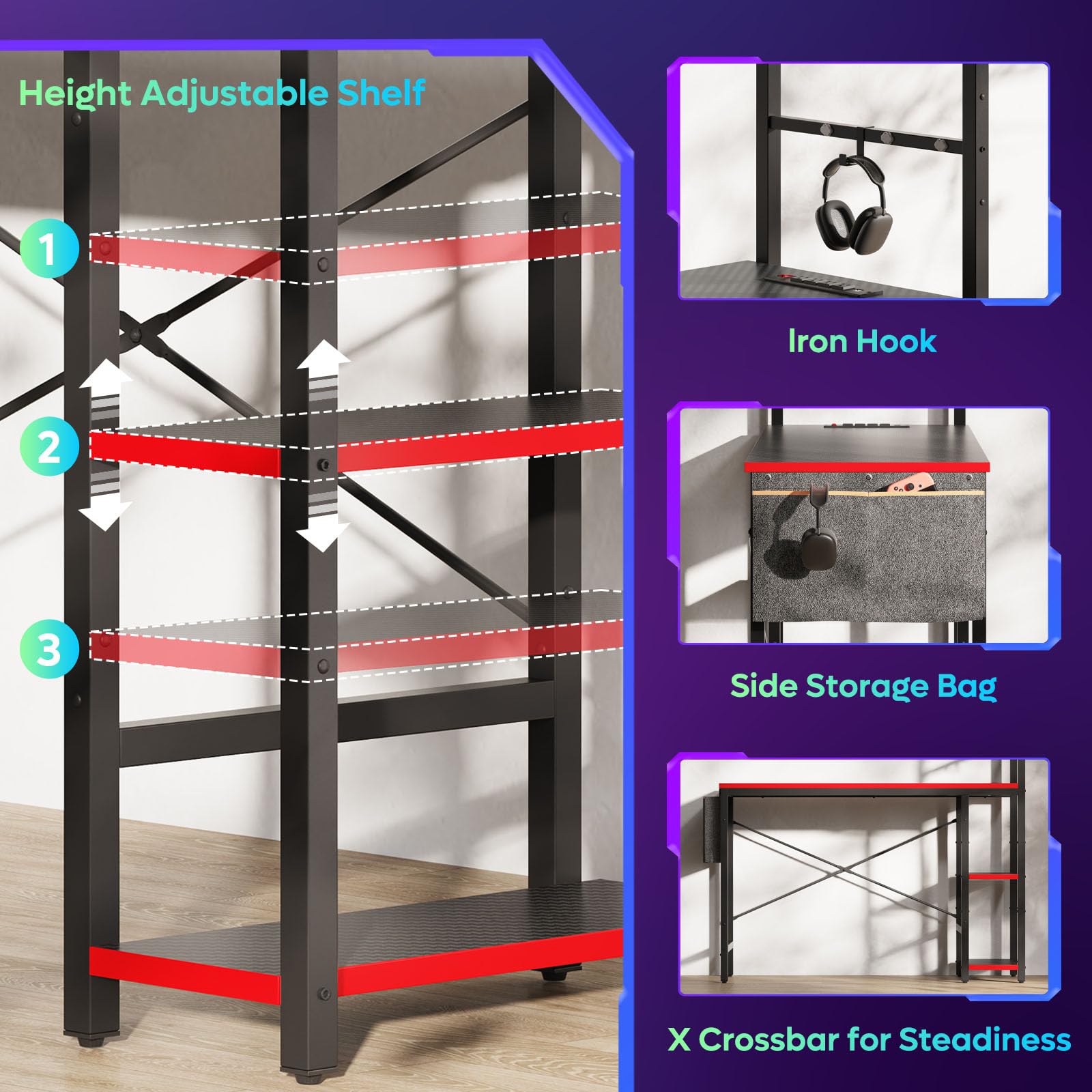 Bestier Gaming Desk with Power Outlets, 44 Inch Led Gamer Desk with 4 Tiers Reversible Shelves, PC Gaming Table with Headset Hook & Side Storage Bag for Bedroom (Black 3D Carbon Fiber) - WoodArtSupply