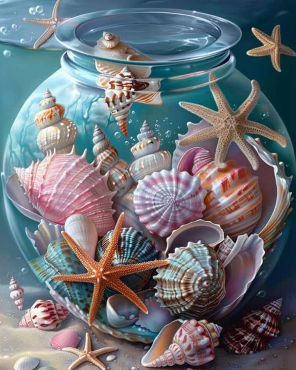 Shells and Star Fish in a Glass Jar Paint By Bumbers for Adults Night Ocean Sea Landscape DIY Paint by Numbers Acrylic Paint Canvas Sea Ocean Scenery Painting Kits Art 16x20 Inch（without Frame） Tucocoo
