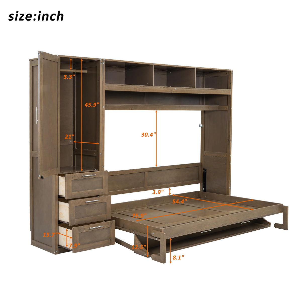 LZ LEISURE ZONE Full Size Murphy Bed, Wooden Full Cabinet Wall Bed with Closet, Drawers and Open Shelves, Antique Grey LZ LEISURE ZONE