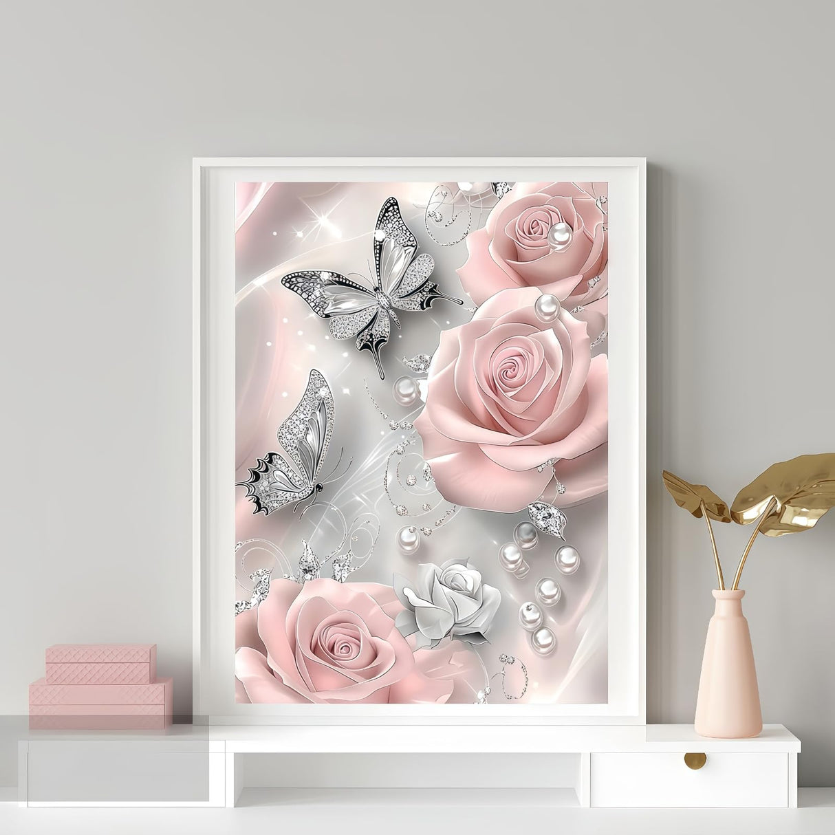 5D Diamond Painting Kits for Adults, Butterfly Pink Rose Flower Diamond Art Kits for Adults Beginner, DIY Full Drill Diamond Dot Gem Painting for Home Wall Decor 12x16inch BYGFHLYW