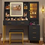 BTHFST Makeup Vanity with Upholstered Stool & Charging Station, Vanity Desk with Mirror and Lights & Jewelry Storage, Vanity Table Set with RGB Lights & 5 Drawers & Shelves, Black & Gold BTHFST