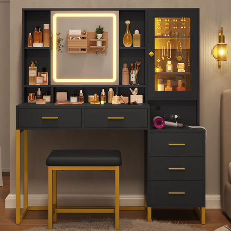 BTHFST Makeup Vanity with Upholstered Stool & Charging Station, Vanity Desk with Mirror and Lights & Jewelry Storage, Vanity Table Set with RGB Lights & 5 Drawers & Shelves, Black & Gold BTHFST