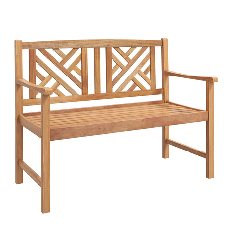 Tangkula 2-Person Acacia Wood Patio Bench with Curved Armrests and Slatted Seat Tangkula