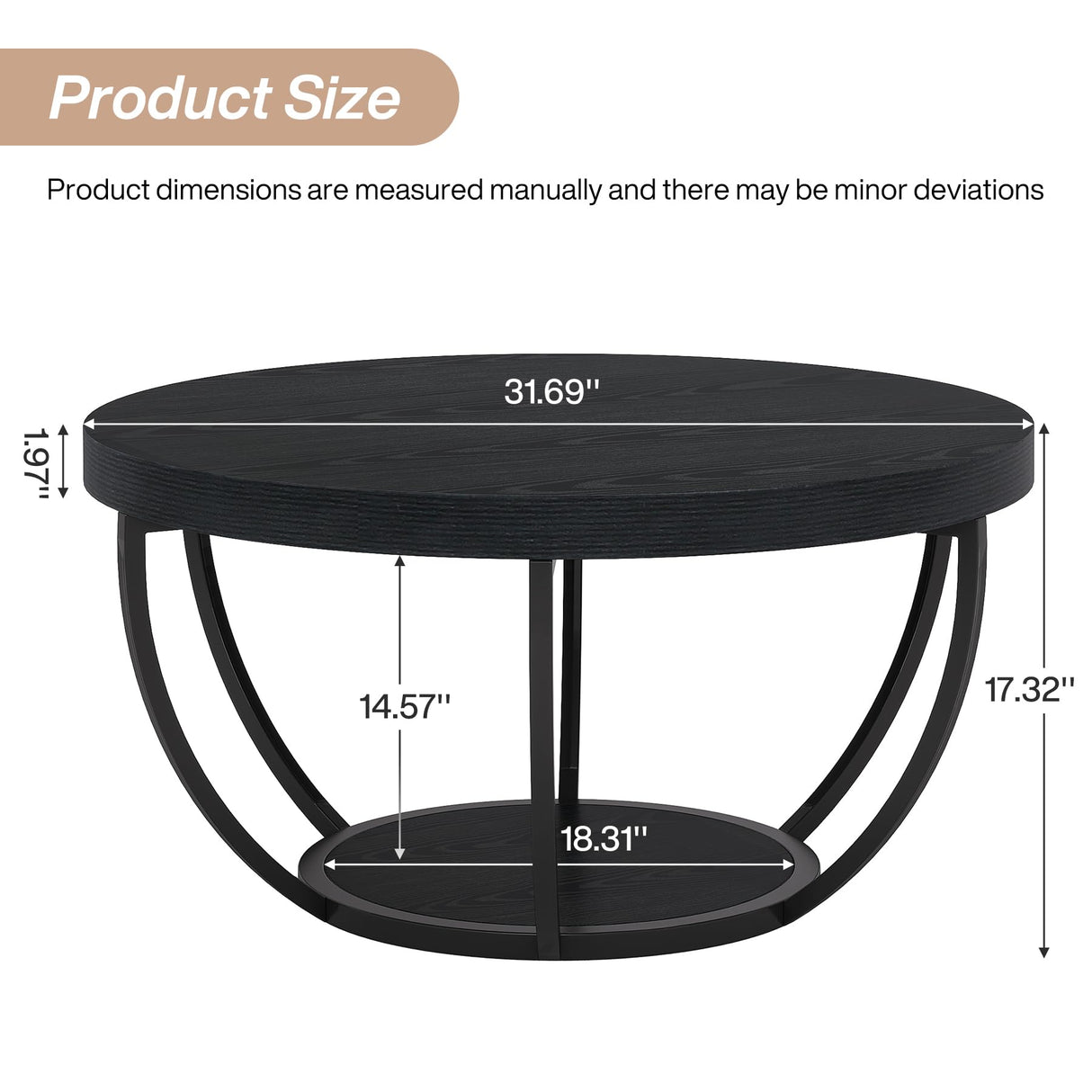 Tribesigns Round Coffee Table, Farmhouse 32" Circle Coffee Table for Living Room, Modern 2-Tier Wood Accent Center Table with Storage Open Shelves, Black Tribesigns
