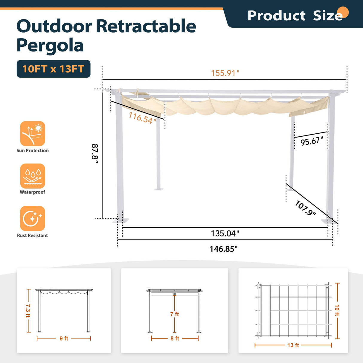 HAPPATIO 10' X 13' Pergola Retractable Pergola Canopy with White Frame for Backyards, Gardens, Patios, Outdoor Pergola with Sun Shade Canopy (Beige) HAPPATIO