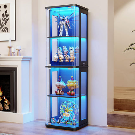 BROTTAR Rounded Display Cabinet with Glass Door, 4-Tier Curio Cabinet with 3 Color Lights for Collectibles, Glass Display Case with Transparent Full-Display Surface, Human Body Sensor, Black BROTTAR