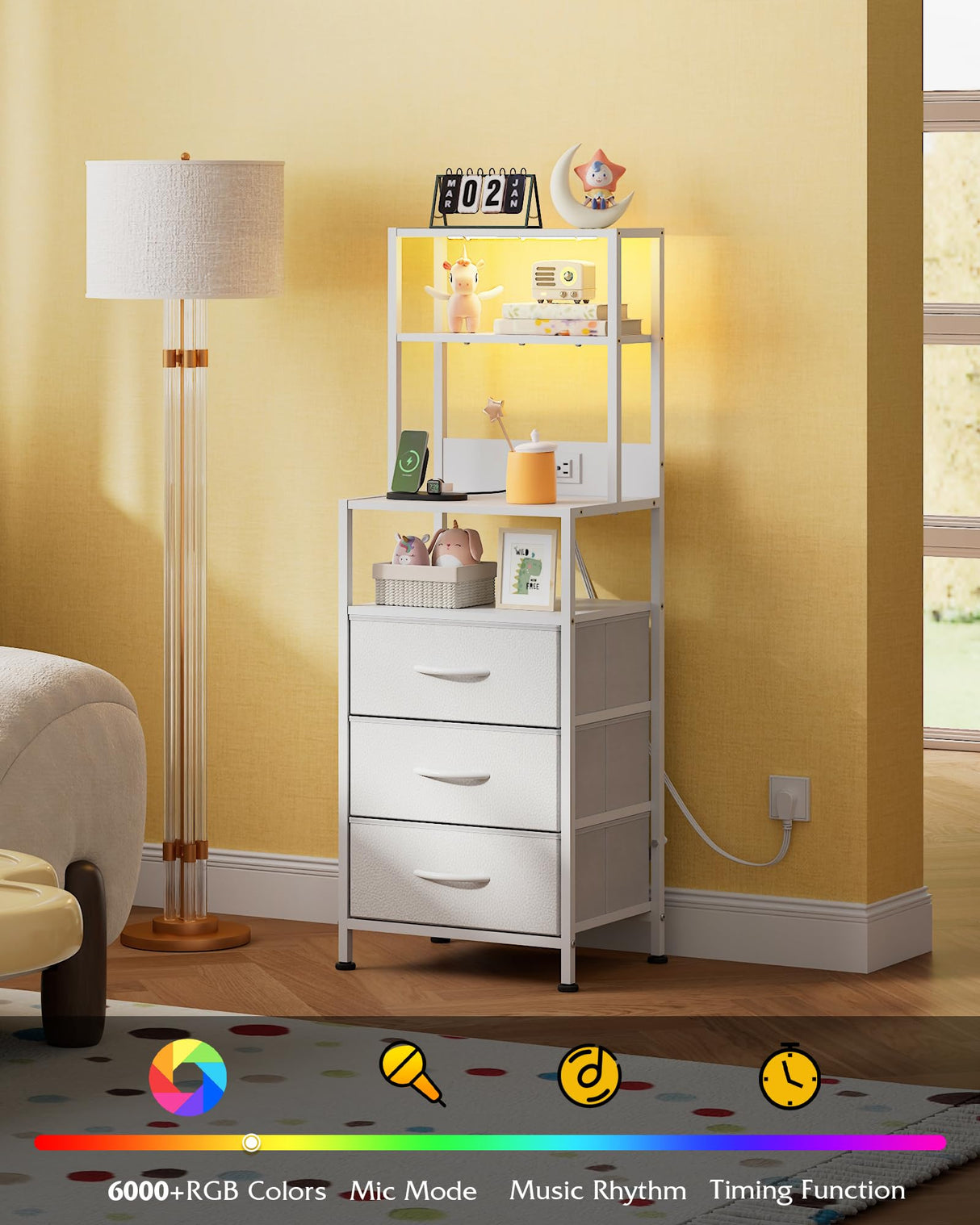 WLIVE Tall White Nightstand with Charging Station, LED Night Stand with 3 Fabric Drawers and Storage Open Shelves, Bedroom Nightstand Table, Bed Side Table for Living Room WLIVE