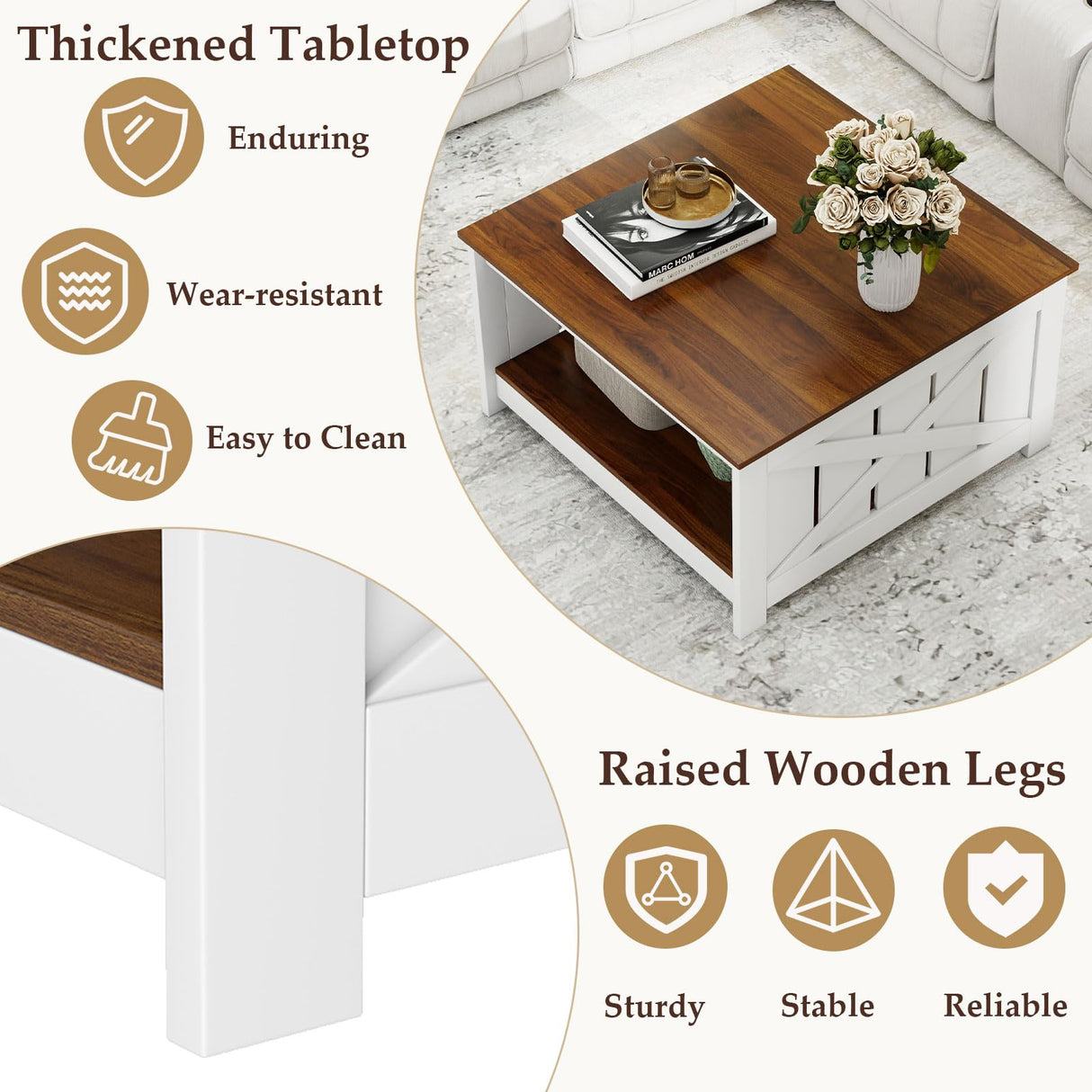 Giantex Farmhouse Coffee Table, 31 Inch Square Wood Coffee Table with Storage Shelf, 2-Tier Vintage Center Table with Open Compartment, Rustic Living Room Table for Home Office, White & Brown Giantex