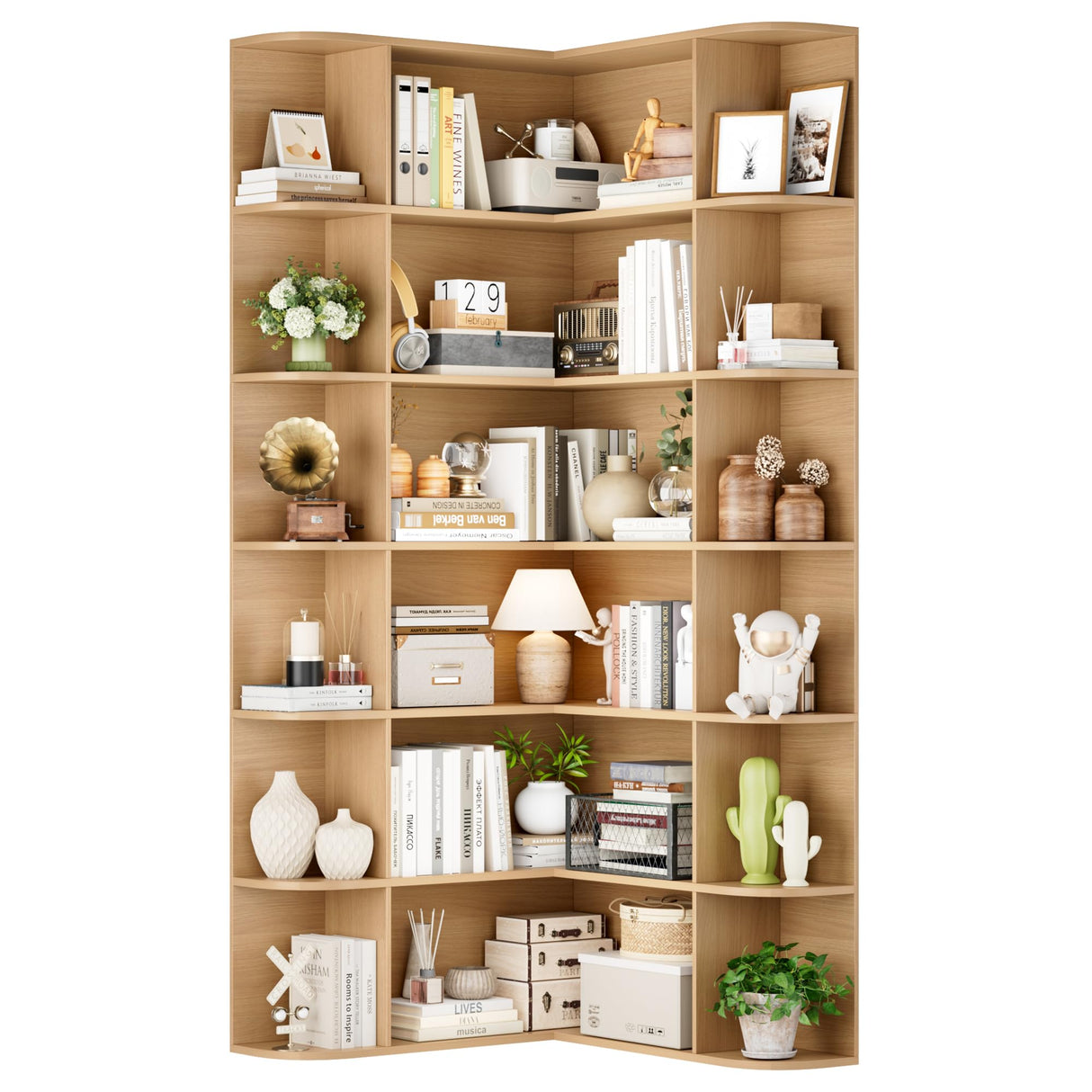 FOTOSOK 74” Tall Corner Bookshelf, 6-Tier Bookshelf and Bookcase with Open Storage, Tall Bookcases Wooden Storage Shelves for Home Office, Thickened Boards for Better Load Bearing, Natural FOTOSOK