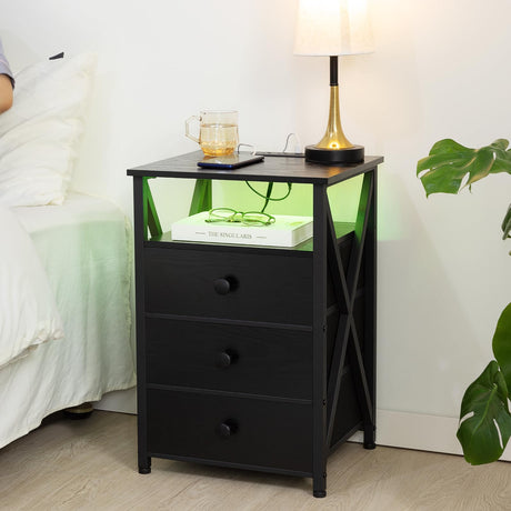 AMHANCIBLE Night Stand Set 2, LED Nightstand with Charging Station, End Side Tables with USB Port & Outlet, Bedside Table with Fabric Drawers for Bedroom Living Room, Black, HET053LBK AMHANCIBLE