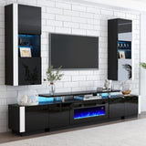 AMERLIFE Fireplace TV Stand with 36" Fireplace, 70" Modern High Gloss Fireplace Entertainment Center LED Lights, 2 Tier TV Console Cabinet for TVs Up to 80", Obsidian Black AMERLIFE