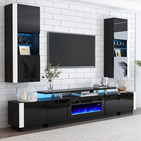 AMERLIFE 110" Large Fireplace TV Stand Set with 36" Electric Fireplace, Includes 70" 2-Tier Fireplace TV Stand, 2 x End Tables, Modern High Gloss TV Console with LED Light for Living Room, Black AMERLIFE