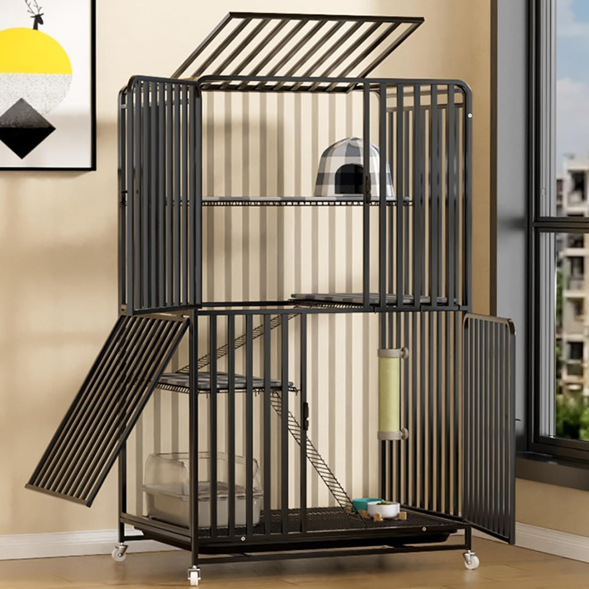 HARELA Catio Cat Enclosures Outdoor for Cats, Balcony Cat Playpen with Platforms, Wheels and Removing Tray, Ideal for Safe Play and Relaxation, for Cat Activity, for 1-3 Cats(White), 85*60*147cm HARELA
