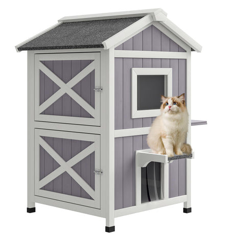 Outdoor Cat House, Wooden Cat Condo, Indoor Kitty Home, Insulated and Weatherproof 2-Story Feral Cat Shelter with Openable Roof, Removable Floor, Escape Door, View Door Halitaa