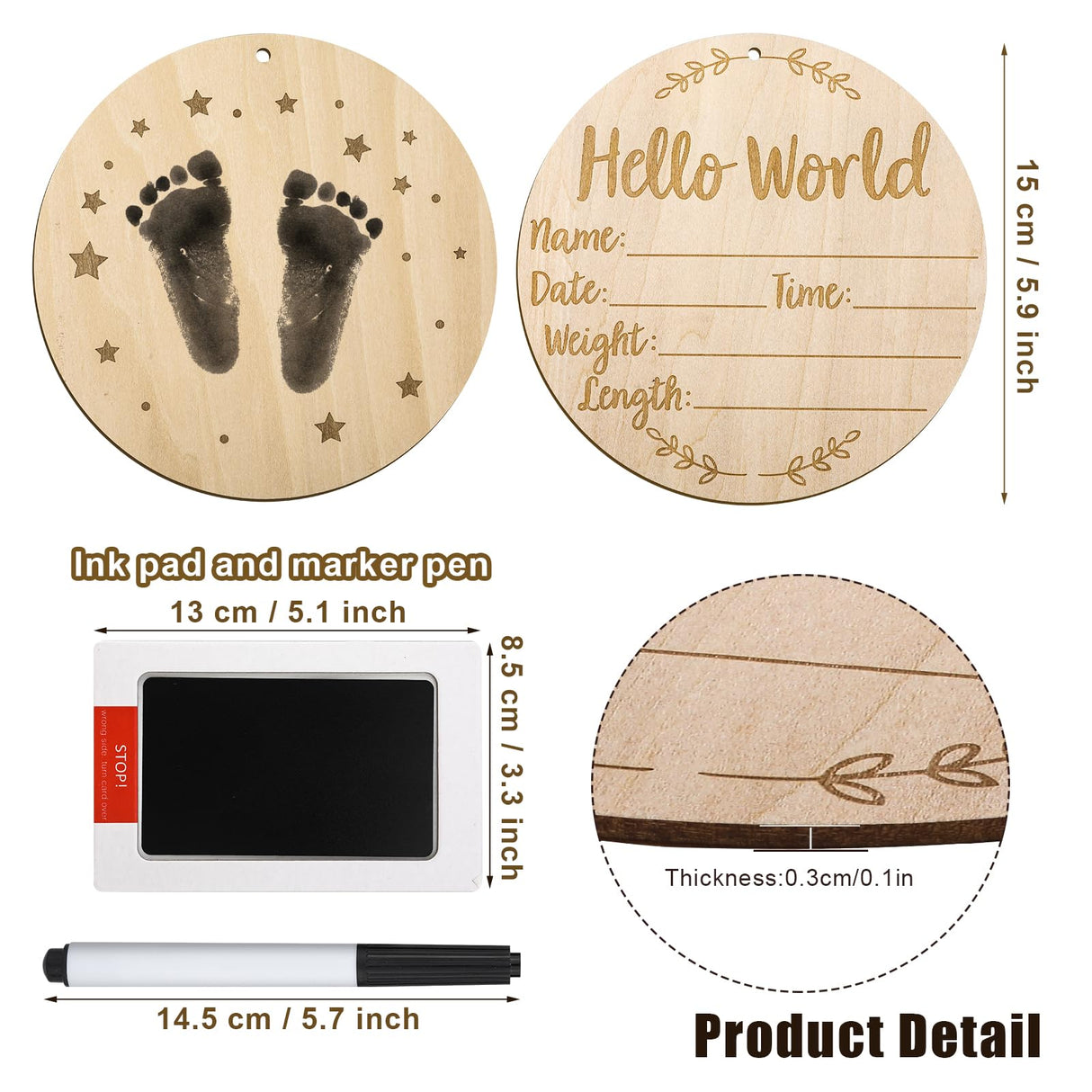 Wooden Baby Announcement Sign, 5.9 inch Baby Birth Announcement Sign with Ink Pad Markers Hello World Newborn Sign Baby Nursery Name Sign for SAVITA