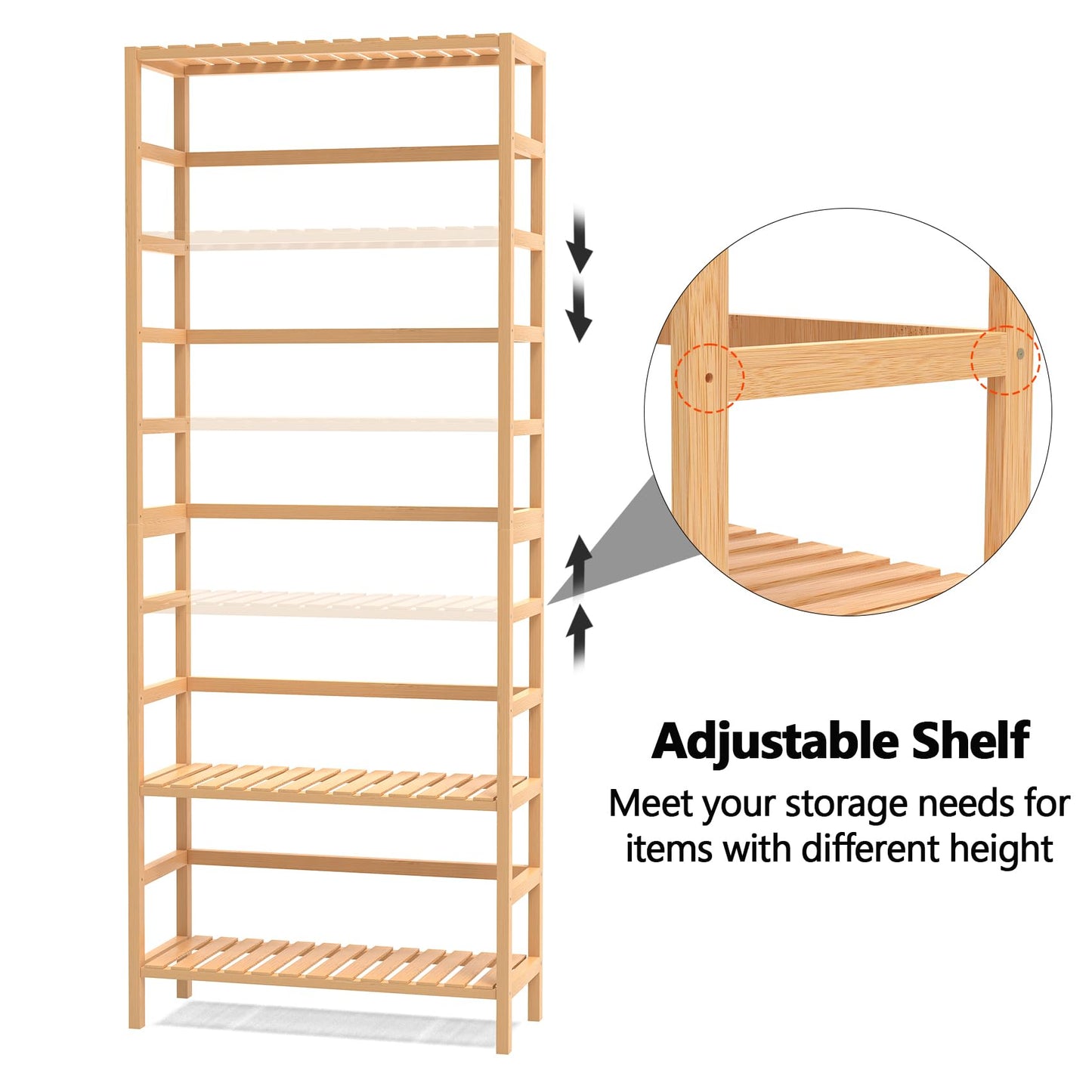 VASMIA Bookshelf,6 Tier Bamboo Adjustable Bookshelves,Tall Bookcase Shelf Storage Organizer,Free Standing Storage Shelving Unit for Living Room,Bedroom,Bathrrom and Home Office,Natural