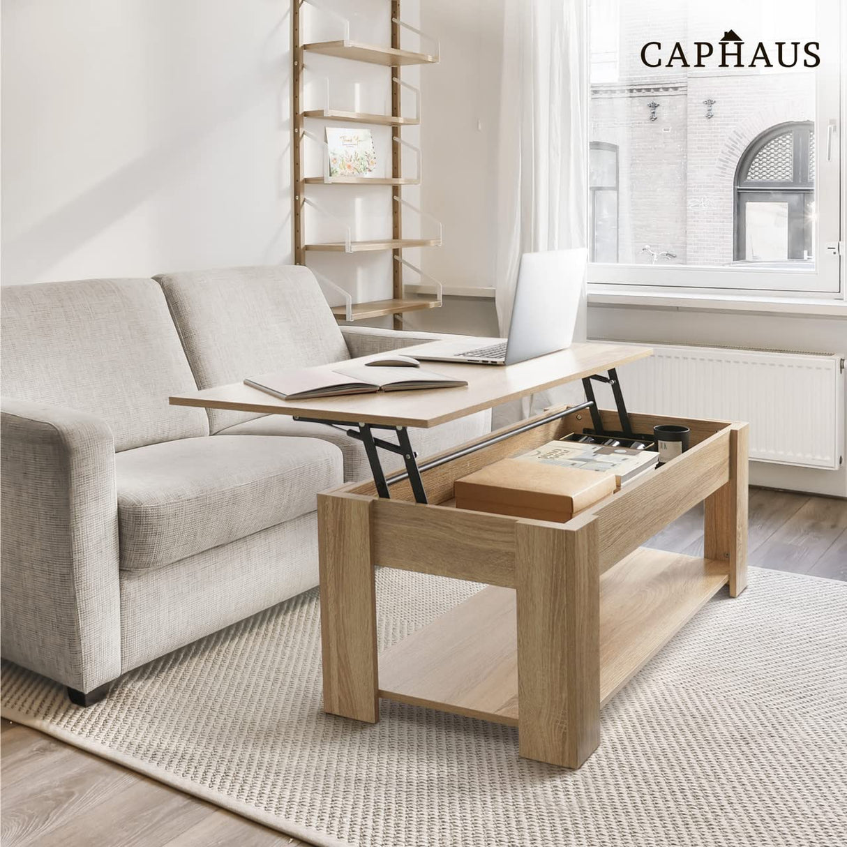 CAPHAUS Lift Top Coffee Table w/Storage, Storage Coffee Table w/Lift Top for Living Room, Rising Tabletop Coffee Table w/Hidden Compartment, Coffee Table w/Bottom Open Shelf, 41" Natural Oak CAPHAUS