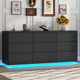 9 Drawer Dresser with Power Outlet,63'' Wide Floating Modern Dresser Chest of Drawers with LED Light,Wooden Dressers TV Stand,Double Wide Dressers Organizer for Bedroom,Living Room,Entryway (Black) Gyfimoie