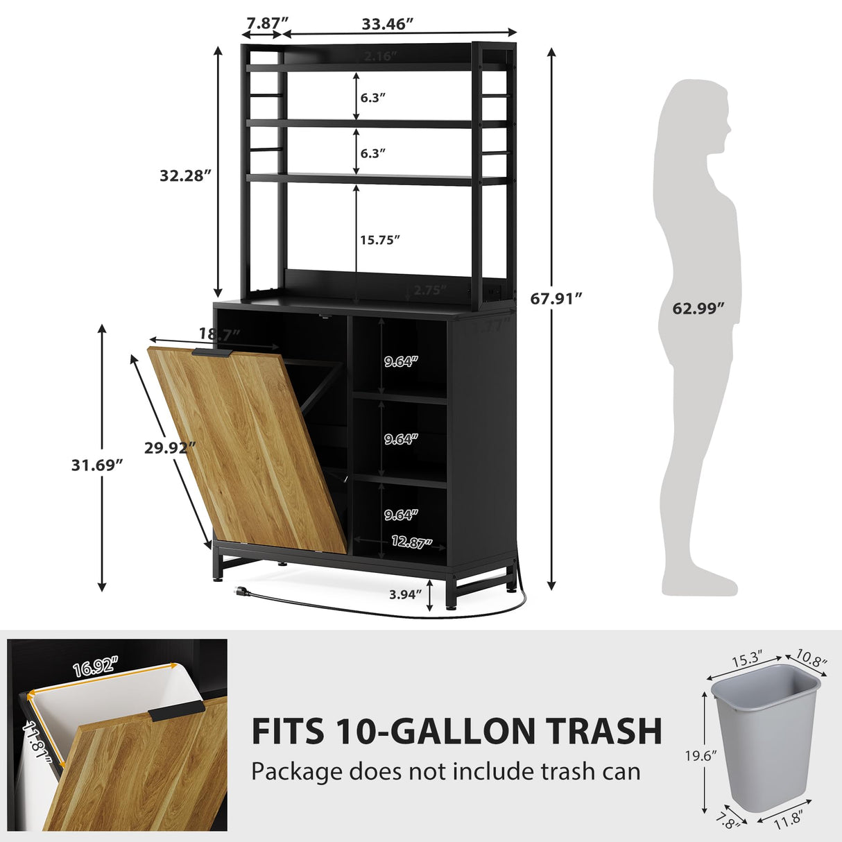 VANOMi Tilt Out Trash Can Cabinet, 67" Kitchen Pantry Storage Cabinet, Bakers Rack Microwave Stand with Power Outlet, 7-Tiers Tall Coffee Bar Station for Kitchen, Dinning Room, Living Room VANOMi