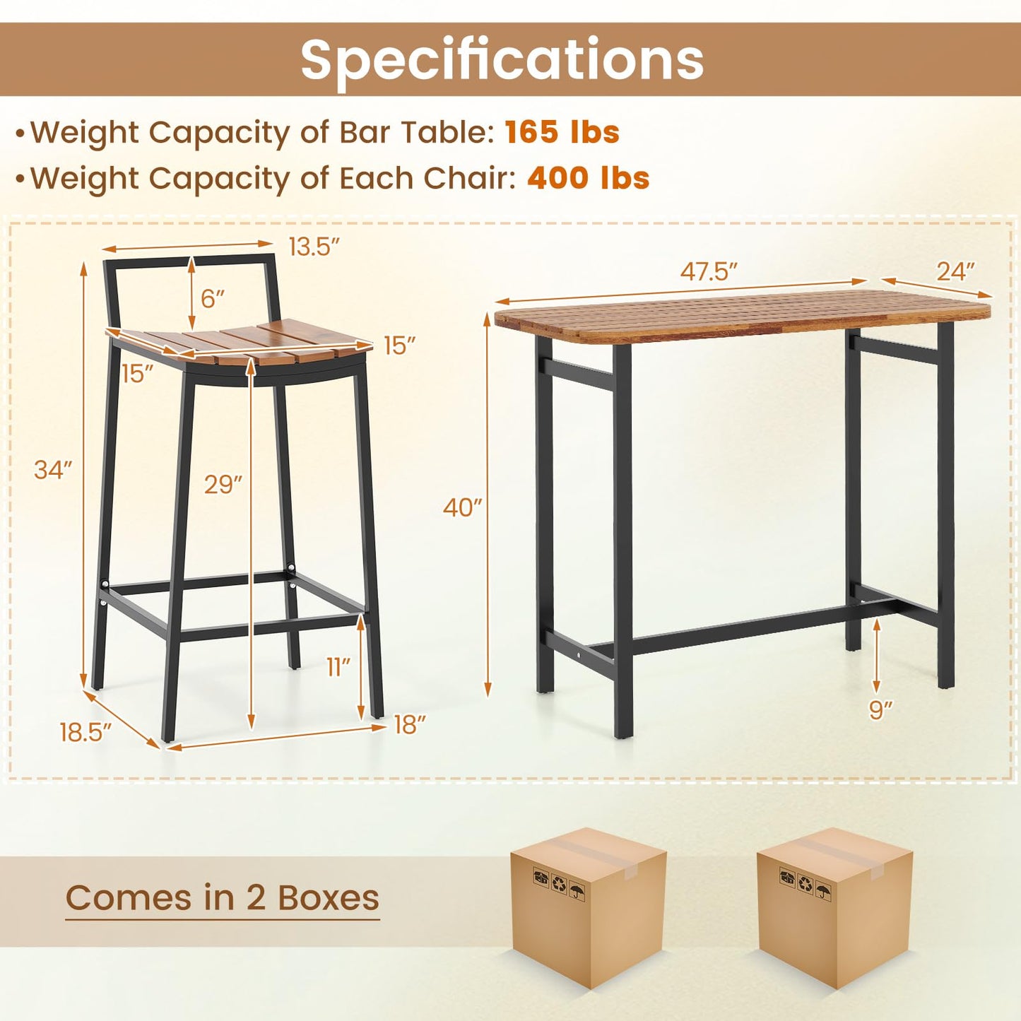 HAPPYGRILL 5-Piece Acacia Wood Outdoor Bar Set with Metal Frame & Footrest