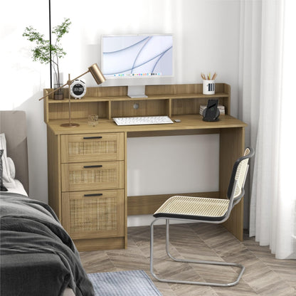 ENSTVER Computer Desk with Drawers and Hutch Shelf,Home Office Small Desk with Storage File Drawers,Boho Rattan Writing Study Table for Bedroom