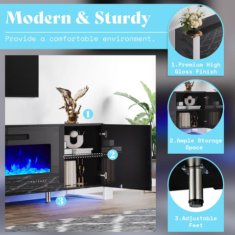 AMERLIFE 80" Modern TV Stand with Electric Fireplace & 2 LED Bookcases - Black Entertainment Centre for TVs Up to 90" AMERLIFE