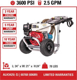 SIMPSON Cleaning ALH3425 Aluminum Series 3600 PSI Gas Pressure Washer, 2.5 GPM, Honda GX200 Engine, Includes Spray Gun and Extension Wand, 5 QC Nozzle Tips, 5/16-inch x 35-foot MorFlex Hose, 49-State SIMPSON