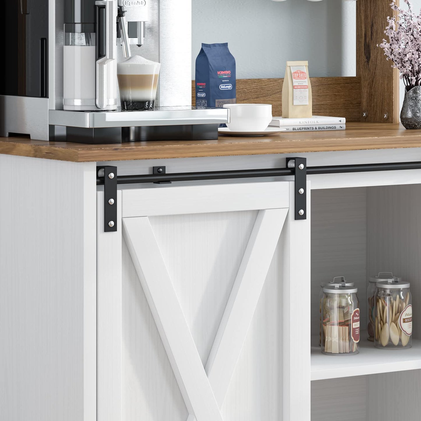 4ever2buy Farmhouse Coffee Bar Cabinet with Storage, Kitchen Buffet Sideboard Storage Cabinet with 6 Hooks,White Coffee Bar Table with Sliding Barn Door & Adjustable Shelf for Living Room