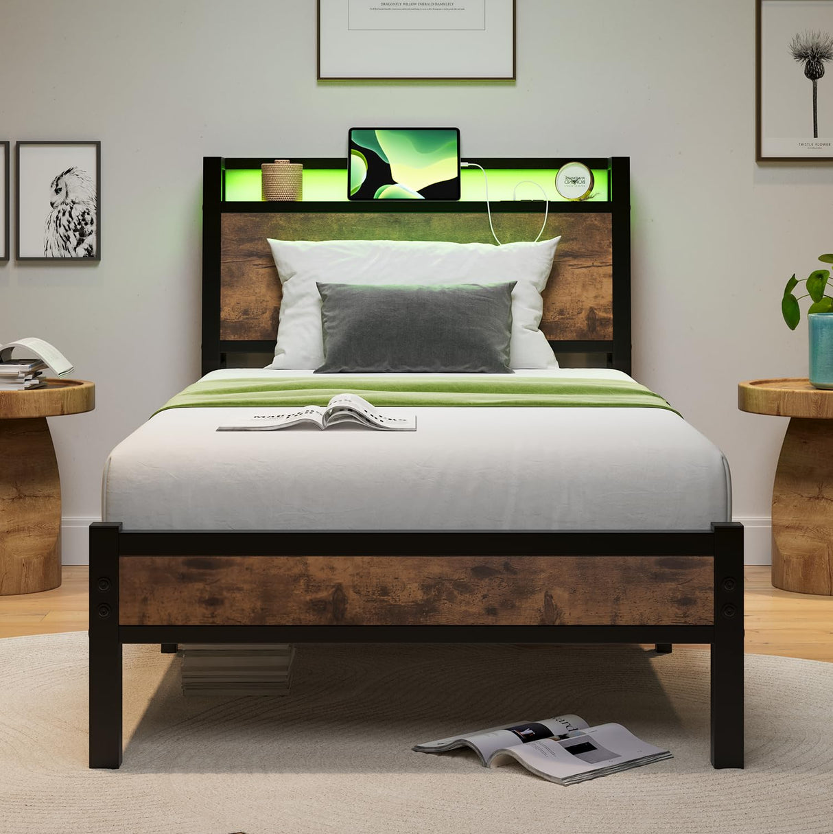 ZGEHCO Twin Bed Frames with Ergonomic Storage Headboard,Metal Platform Bed Frame with Charging Station,LED Bed Frame Twin Size No Box Spring Needed,Heavy Duty Steel Slats,Noise Free,Rustic Brown ZGEHCO