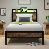 ZGEHCO Twin Bed Frames with Ergonomic Storage Headboard,Metal Platform Bed Frame with Charging Station,LED Bed Frame Twin Size No Box Spring Needed,Heavy Duty Steel Slats,Noise Free,Rustic Brown ZGEHCO