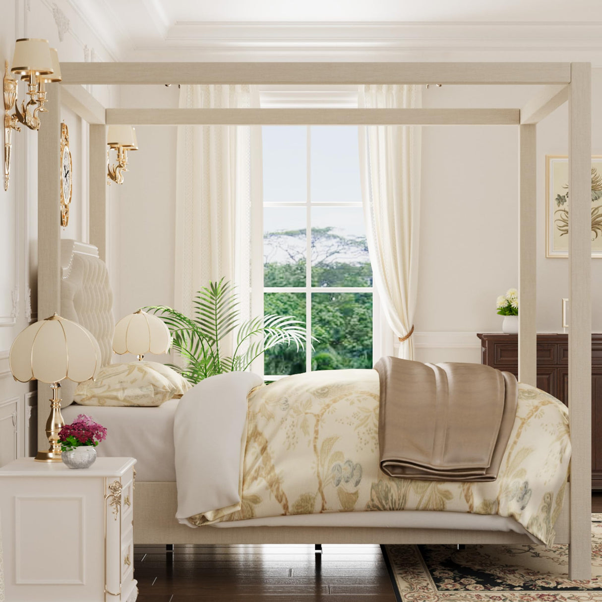 GarveeHome Upholstered Canopy Bed Frame Full Size with headboard, Button Tufted, Nailhead Trim Design, No Box Spring Required, Beige GarveeHome