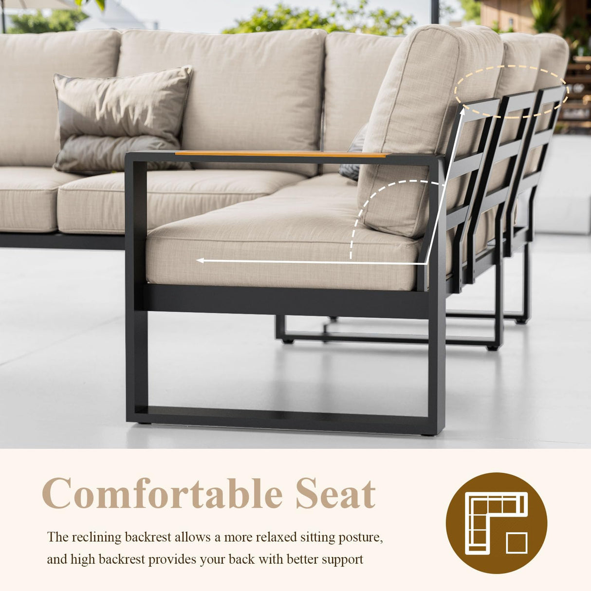 YOEEMZ Aluminum Patio Furniture Set, All-Weather Outdoor Couch Sectional, L Shaped Patio Conversation Sets, Metal Corner Sofa with Teak Coffee Table, Beige YOEEMZ