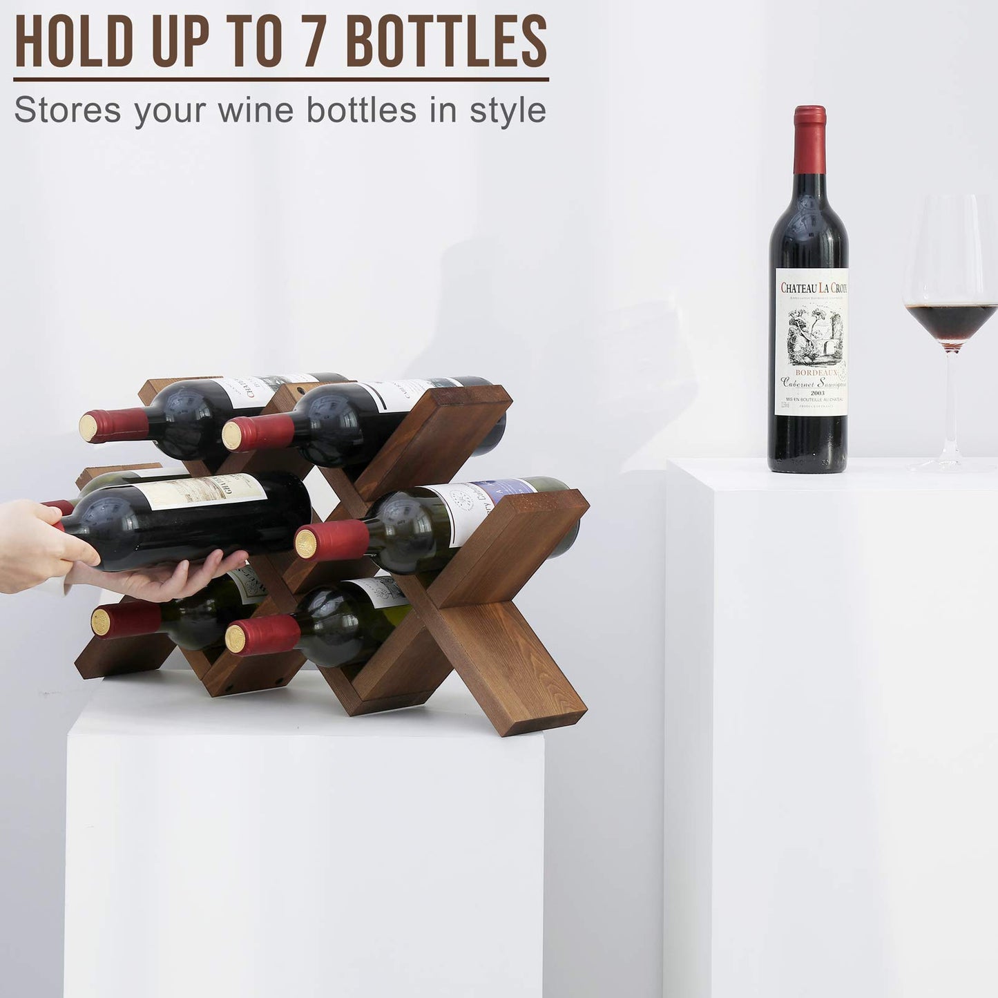 WELLAND Wood Countertop Wine Rack, Rustic Tabletop Wine Holder, 7 Bottle Wine Holder, Minimal Assembly Required | 21.25" W x 4" D x 11.5" H - WoodArtSupply