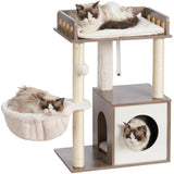 Heybly Modern Cat Tree, Wooden Cat Tower with 3 Scratching Posts, Cat Condo for Indoor Cats with Wood Cat Cave, Plush Perch, Basket, Pompom, Rustic Gray HCT007SSG Heybly