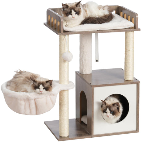 Heybly Modern Cat Tree, Wooden Cat Tower with 3 Scratching Posts, Cat Condo for Indoor Cats with Wood Cat Cave, Plush Perch, Basket, Pompom, Rustic Gray HCT007SSG Heybly