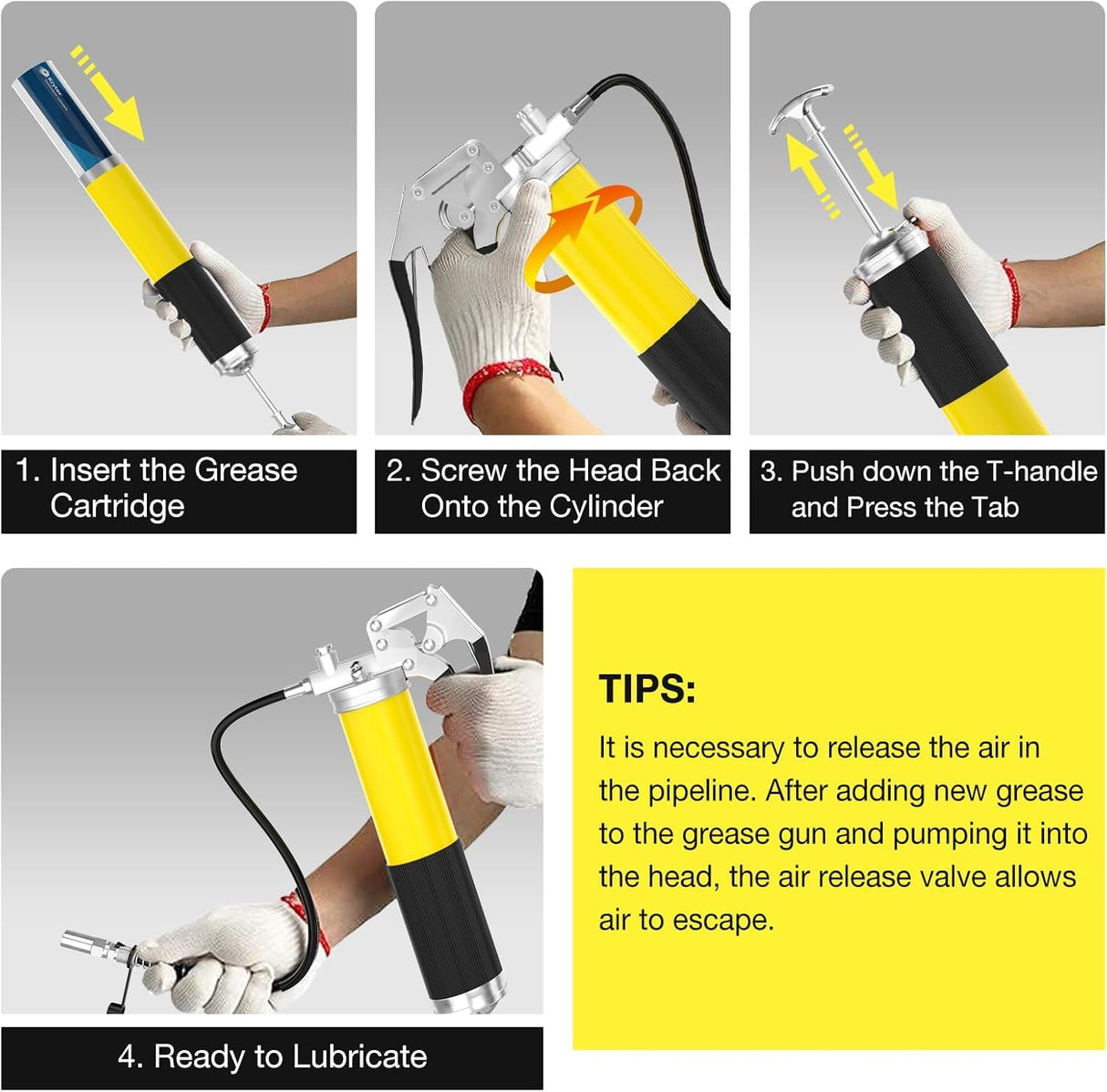 Grease Gun Kit with Hose Coupler: Lube Grease Guns Tool for 14 Oz Grease Tube - 8000 PSI Pistol Grip Heavy Duty Grease Gun with Locking and Needle Tip Nozzle - Manual Grease Gun with Zerk Fitting WYBENZ