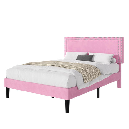 VECELO Queen Size Bed Frame with Adjustable Upholstered Headboard, Wooden Slats Platform, Noise-Free Design, Easy Assembly