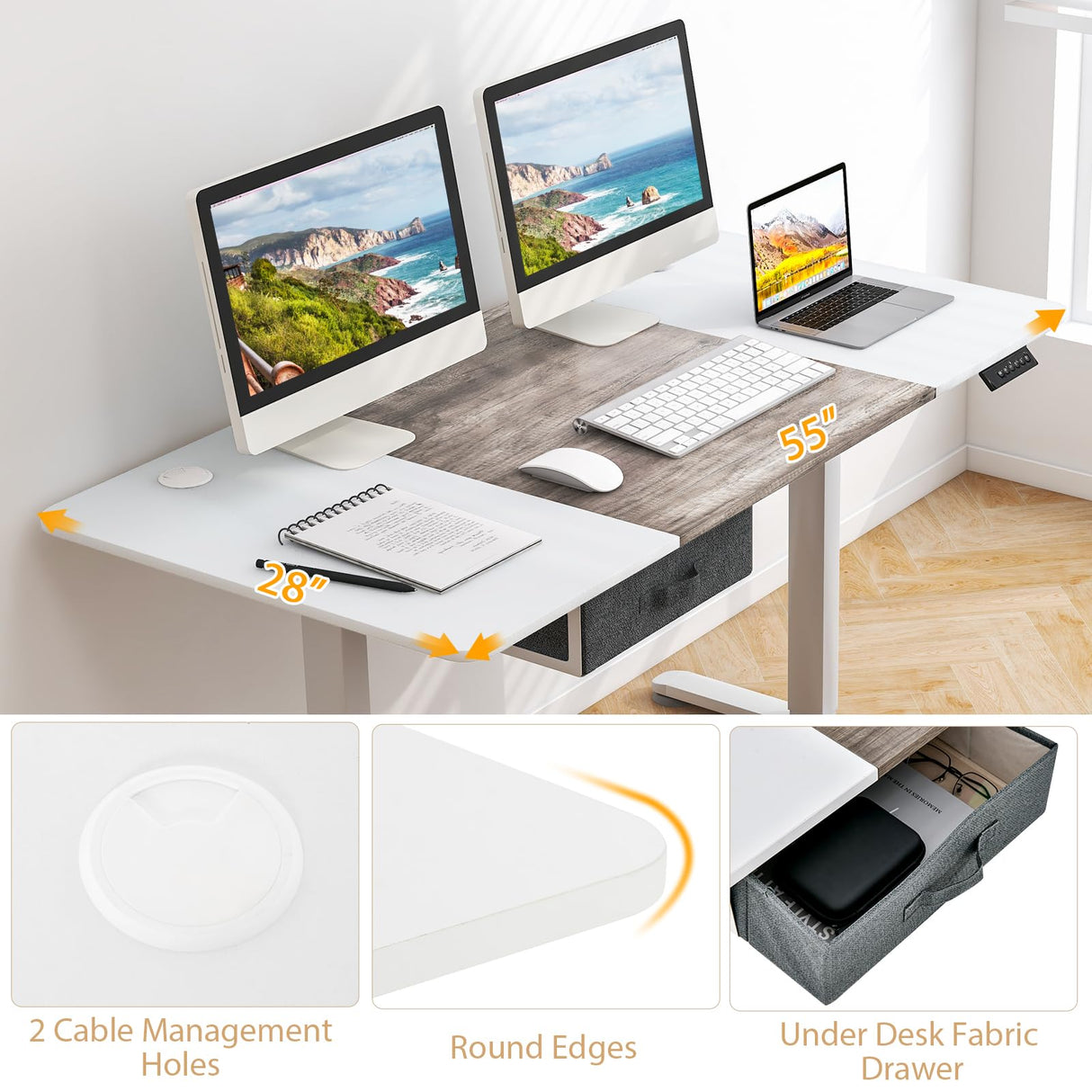 Giantex Electric Standing Desk, 55" x 28" Height Adjustable Desk with Memory Preset Controller, Storage Drawer, USB Charging Port, 2 Cable Holes, Stand Up Computer Desk for Home, Office, Gray Giantex