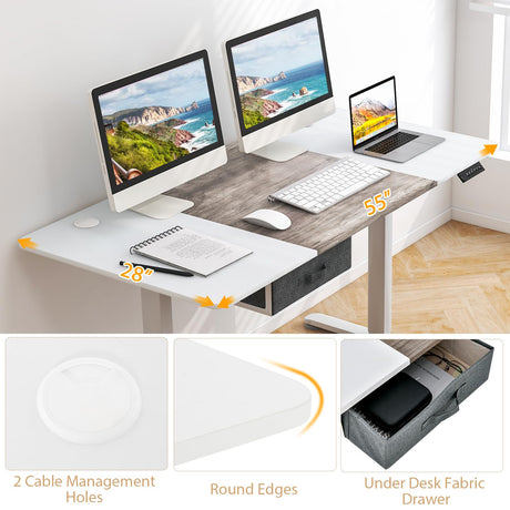 Giantex Electric Standing Desk, 55" x 28" Height Adjustable Desk with Memory Preset Controller, Storage Drawer, USB Charging Port, 2 Cable Holes, Stand Up Computer Desk for Home, Office, Gray Giantex