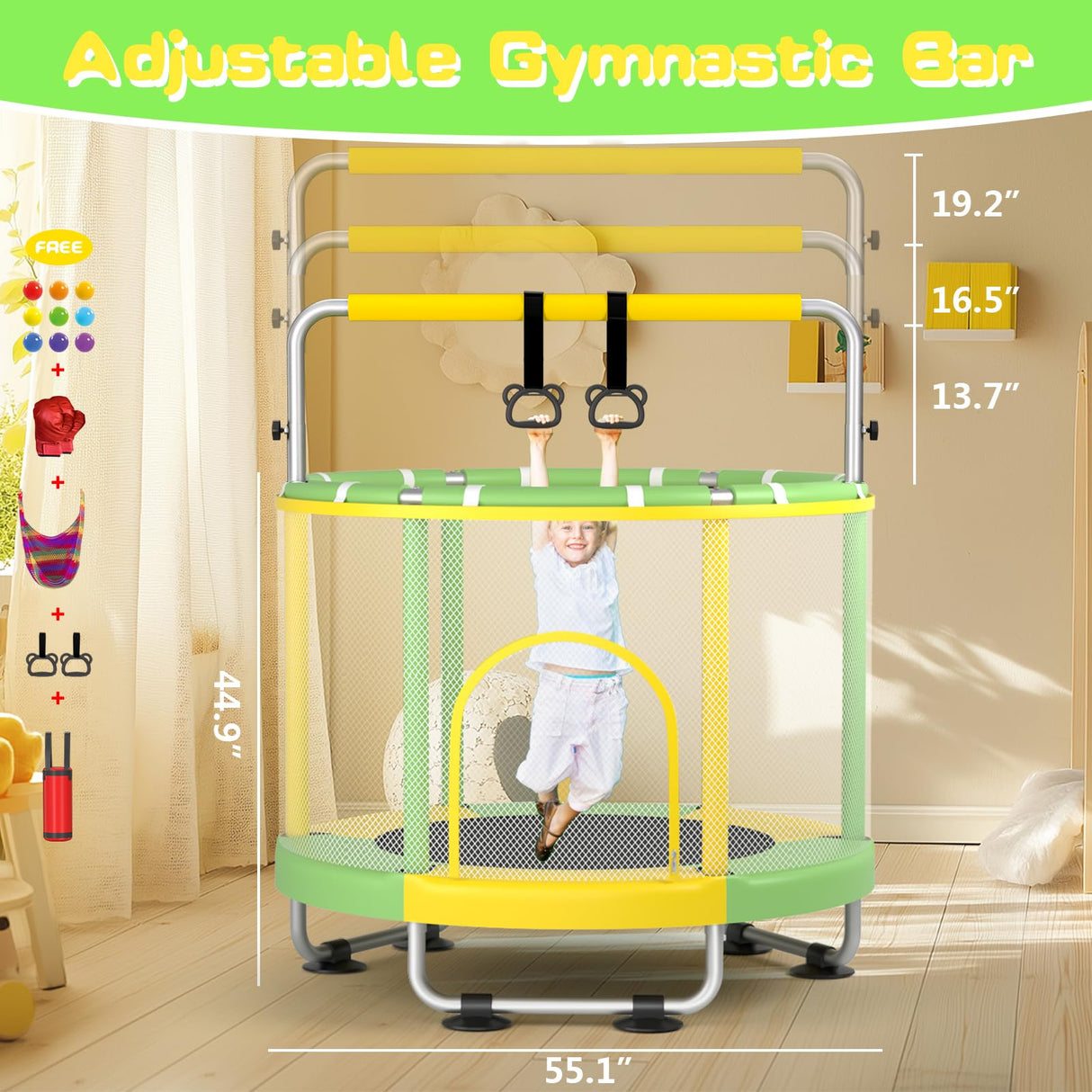 ZCMHAXJ 55" Trampoline for Kids with Enclosure, 440lbs Capacity Indoor & Outdoor Toddler Trampoline with Adjustable Gymnastics Bar & Toys, for Boys & Girls ZCMHAXJ