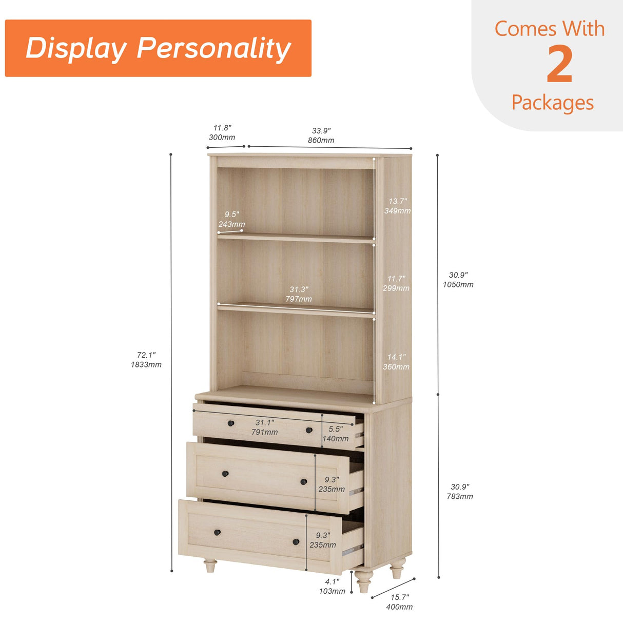 WAMPAT 3 Tier Bookshelf with 3 Drawers, 72" Tall Bookcase Large Farmhouse Display Book Case Shelf with 3-Tier Open Book Shelfs，Library Wood Bookshelves for Living Room,Kitchen, Light Oak WAMPAT