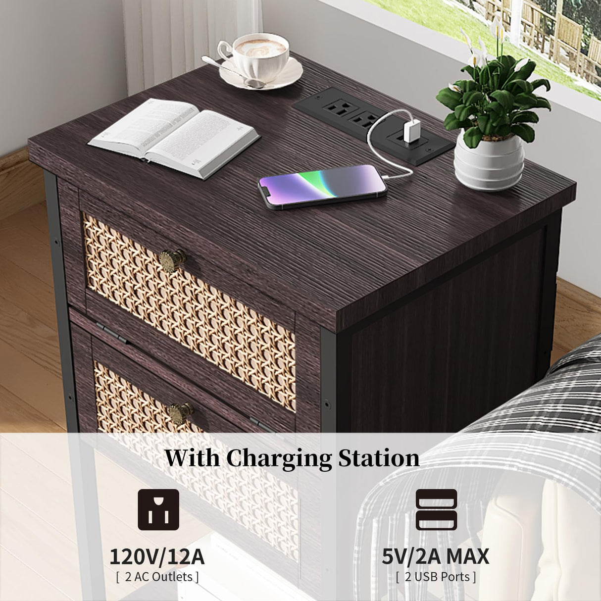End Table with Charging Station, 2 Tier Rattan Decorated Nightstand with USB Ports and Outlets, Bedside Table with Drawer, Modern Sofa Side Table for Bedroom, Living Room, Office, Cherry Red NONGSHIM