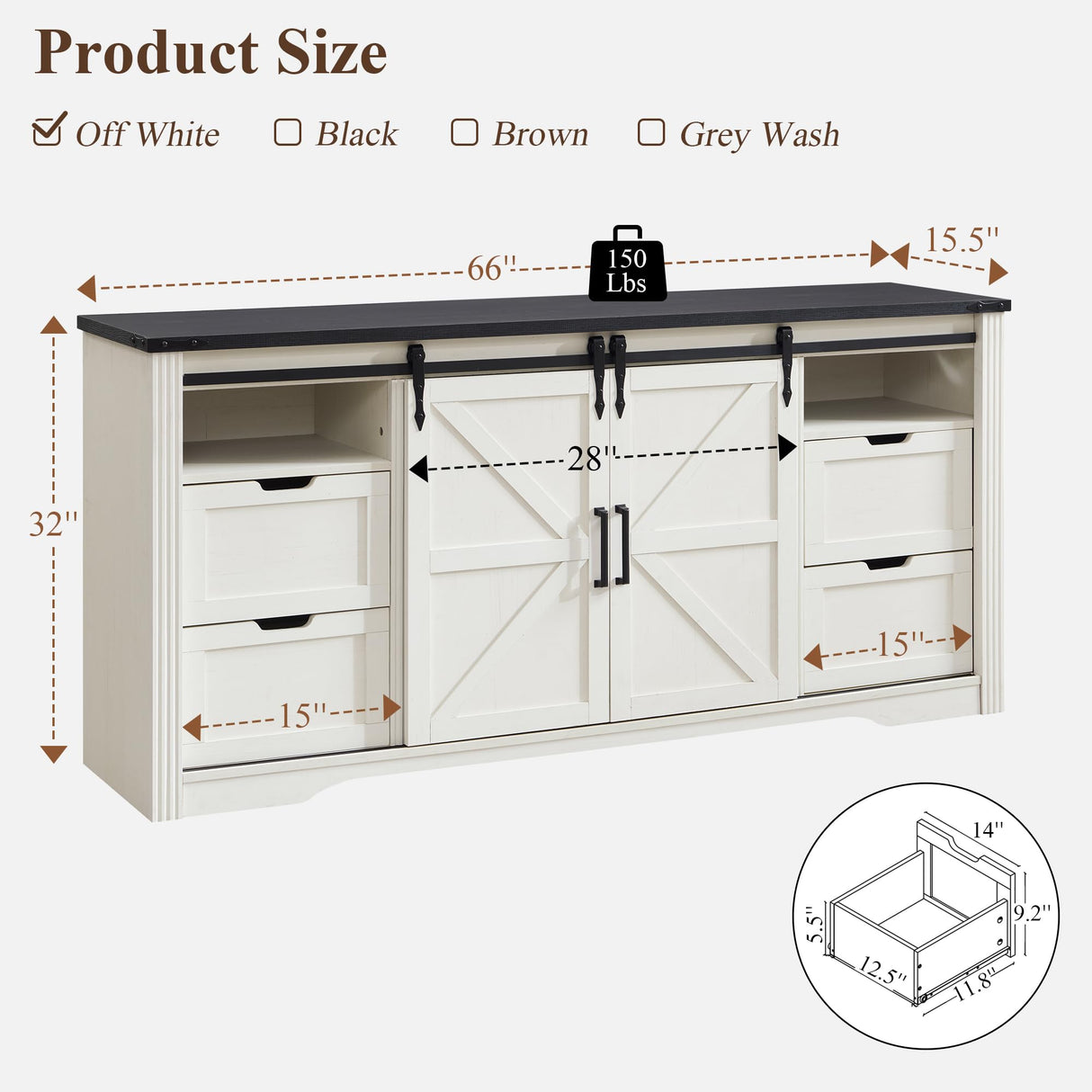 Farmhouse TV Stand for 75+ Inch TV, 32" Tall Entertainment Center w/4 Drawers & Sliding Barn Door, Rustic Media Console w/Storage Shelves, 66" Wood Television Stand for Living Room, Off White JXQTLINGMU