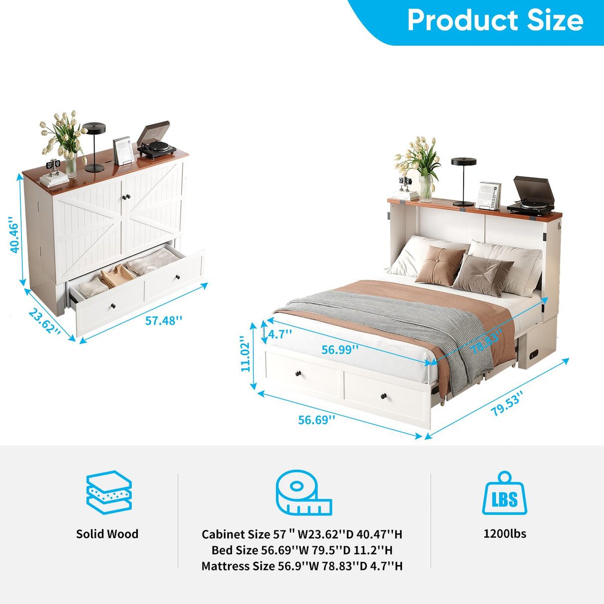 Mjkone 57.5" Width Full Size Cabinet Murphy Bed with Charging Station, Mattress Included, Storage Murphy Bed Chest Wall Cabinets Beds with Foldable Panel for Guest Small Spaces, Home Offices, White Mjkone