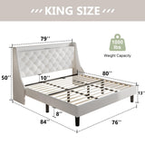 Feonase King Size Bed Frame with Velvet Luxury Wingback and Fast Charging Station,King Upholstered Button Tufted Storage Headboard Platform Bed,Sturdy Wooden Slats Support,Easy Assembly,White Feonase