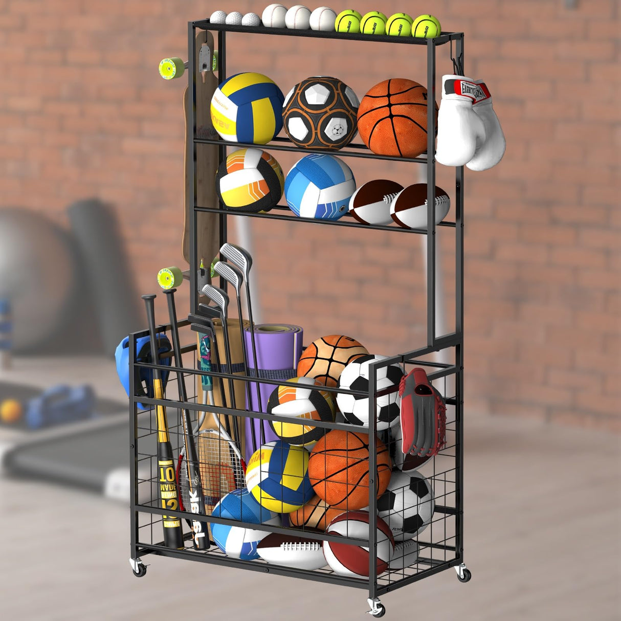 Sports Equipment Organizer Garage Basketball Ball Holder for Sports Gear and Toys Garage Ball Storage Rack Cart with Wheels and Hooks for Volleyball Football Basketball, Indoor/Outdoor, Black smusei